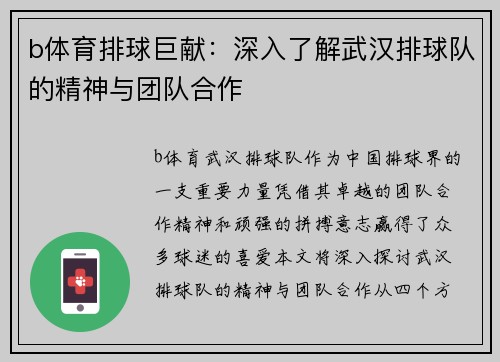 b体育排球巨献：深入了解武汉排球队的精神与团队合作