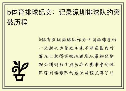 b体育排球纪实：记录深圳排球队的突破历程