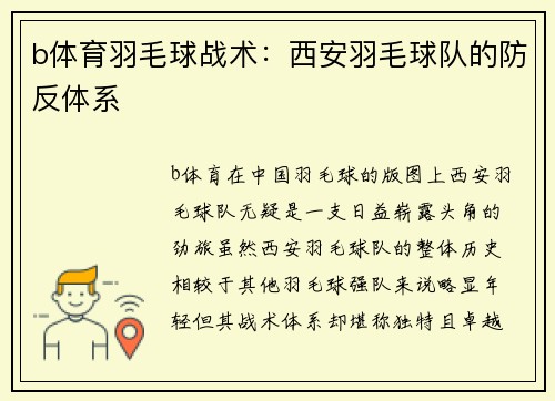 b体育羽毛球战术：西安羽毛球队的防反体系