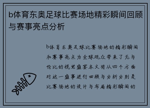 b体育东奥足球比赛场地精彩瞬间回顾与赛事亮点分析